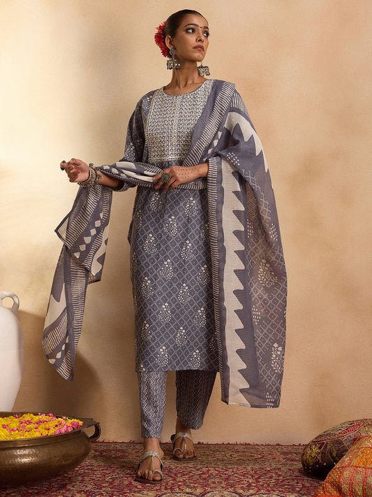 Indo Era Blue Printed Straight Kurta Trousers With Dupatta Set