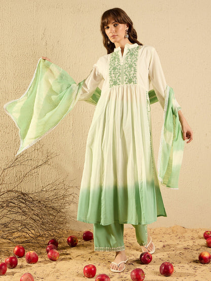Indo Era Green Embroidered A-Line Kurta Trousers With Dupatta Set