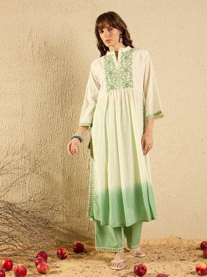 Indo Era Green Embroidered A-Line Kurta Trousers With Dupatta Set