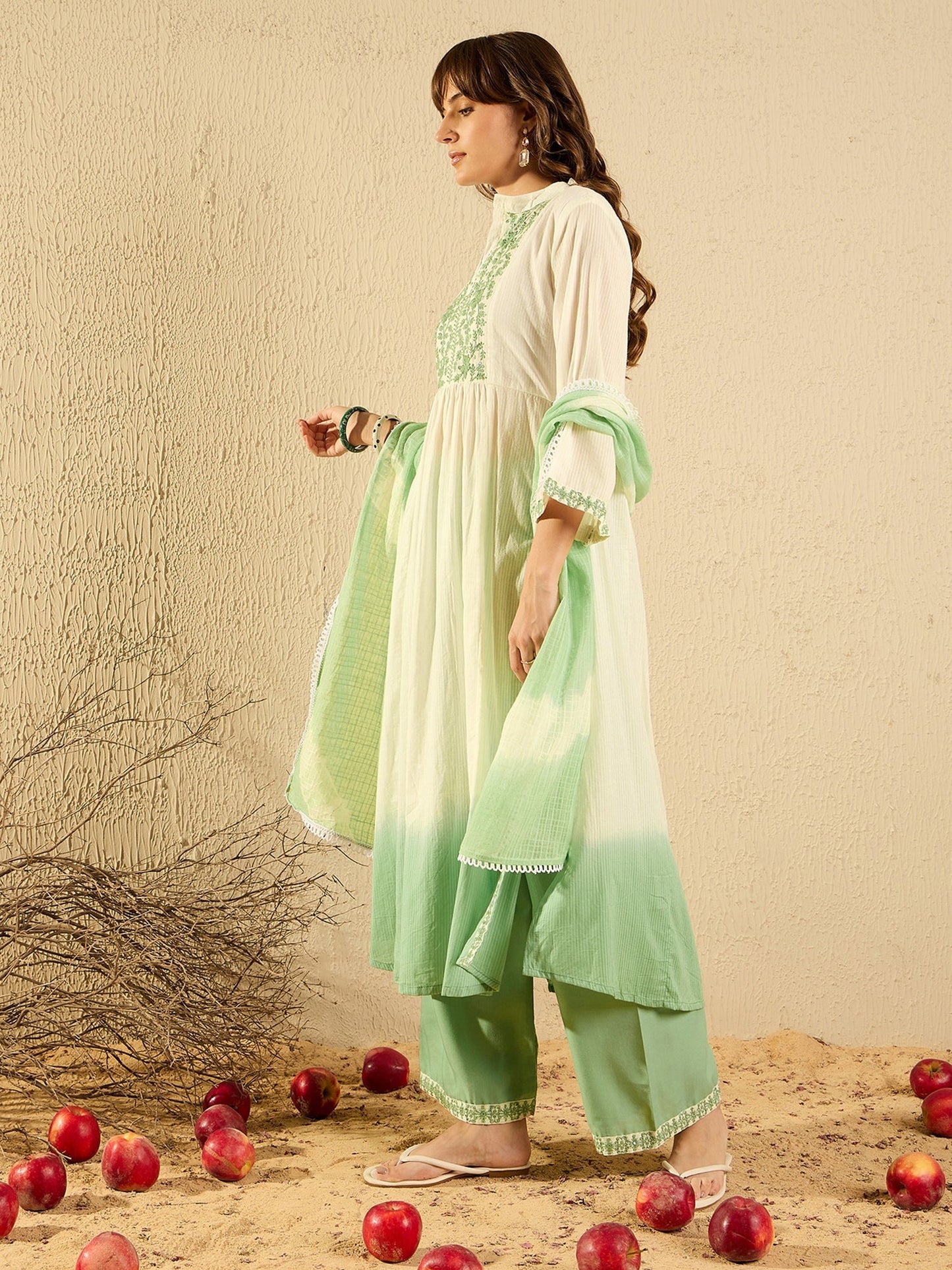 Indo Era Green Embroidered A-Line Kurta Trousers With Dupatta Set