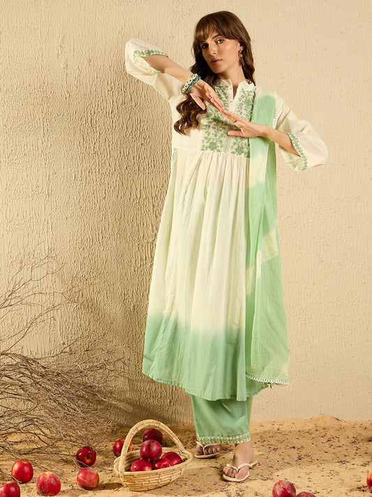 Indo Era Green Embroidered A-Line Kurta Trousers With Dupatta Set
