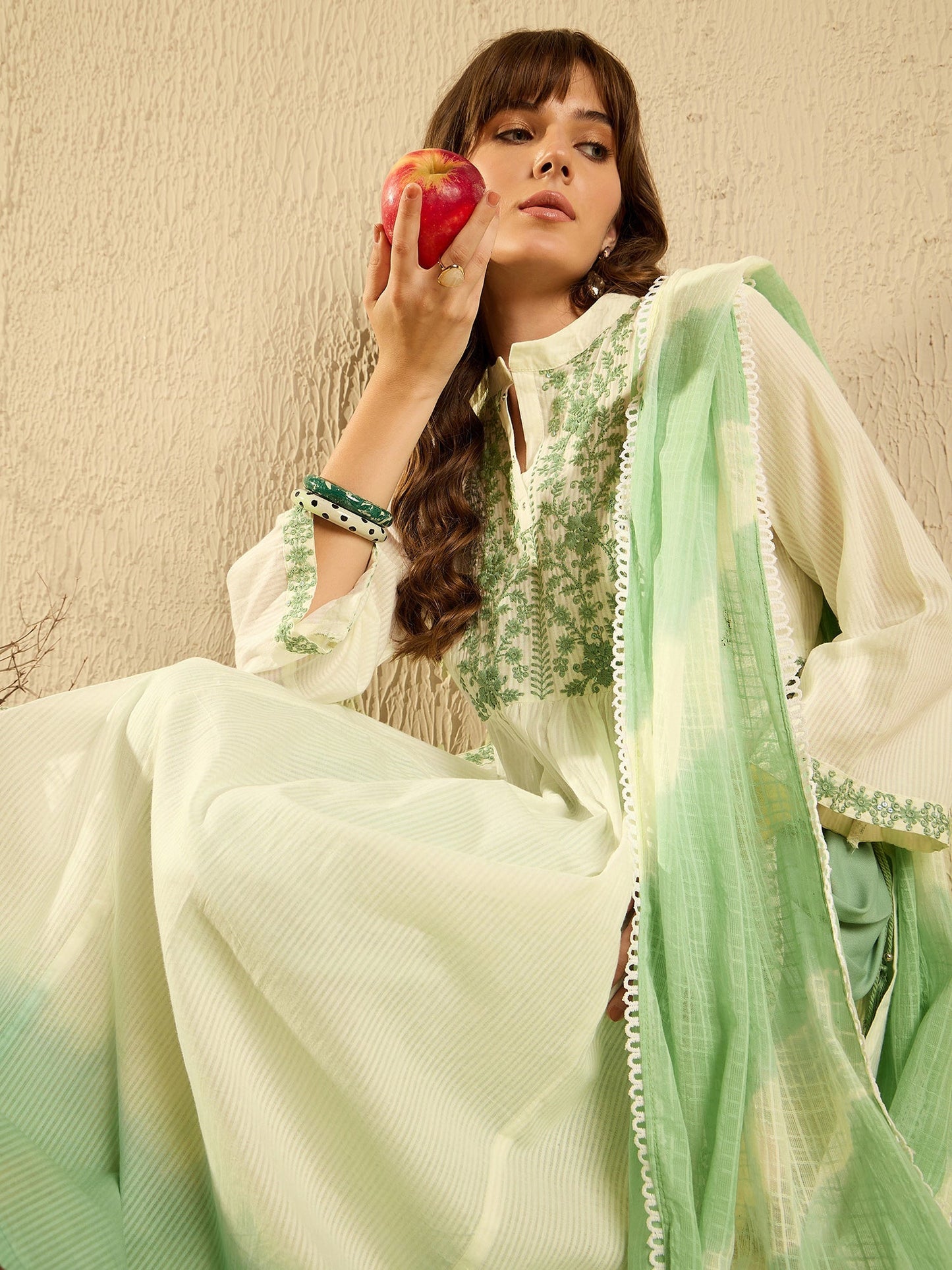 Indo Era Green Embroidered A-Line Kurta Trousers With Dupatta Set