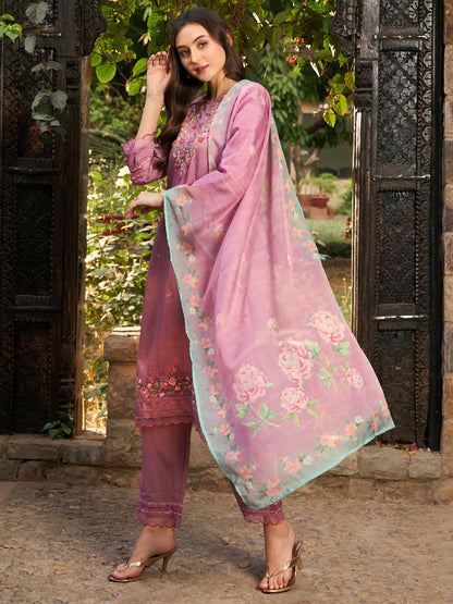 Mauve Embroidered Straight Kurta Trousers With Dupatta Set