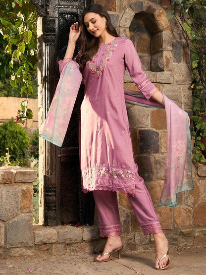 Mauve Embroidered Straight Kurta Trousers With Dupatta Set