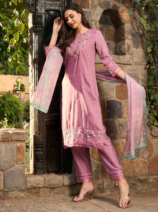 Mauve Embroidered Straight Kurta Trousers With Dupatta Set