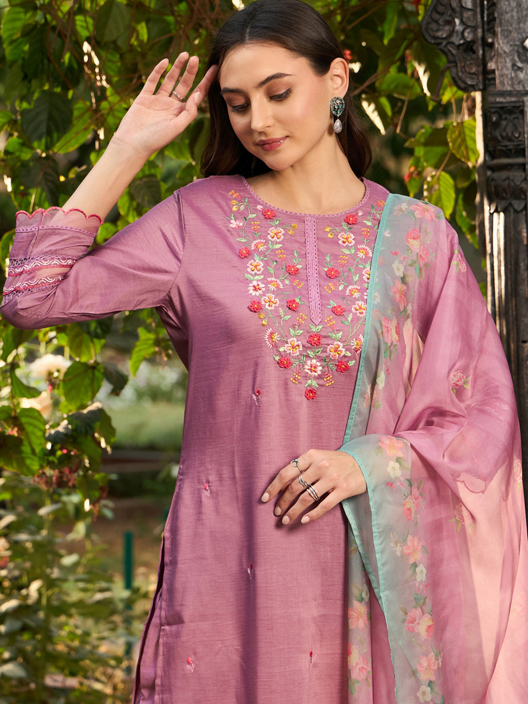 Mauve Embroidered Straight Kurta Trousers With Dupatta Set
