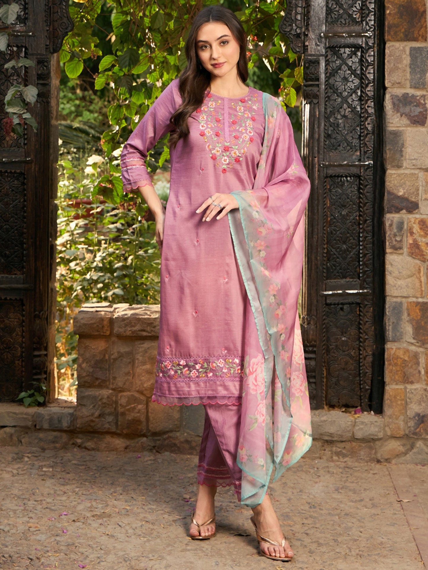 Mauve Embroidered Straight Kurta Trousers With Dupatta Set