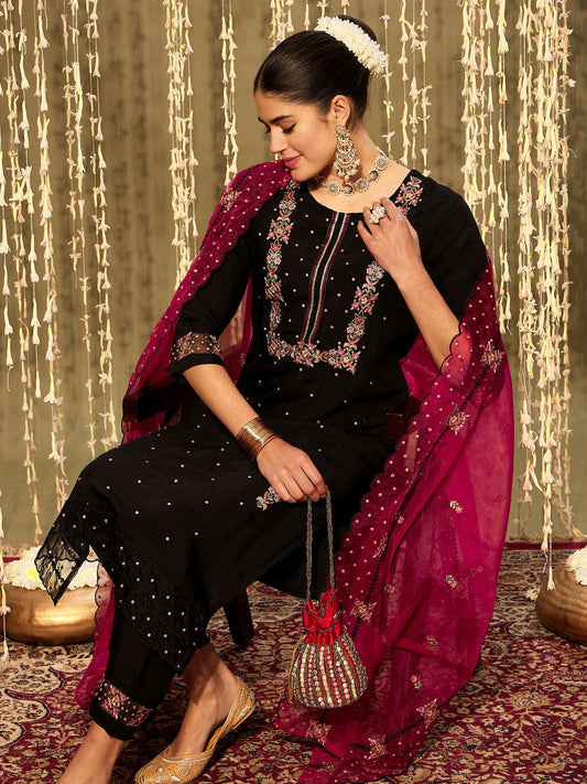 Indo Era Black Embroidered Straight Kurta Trousers With Dupatta set