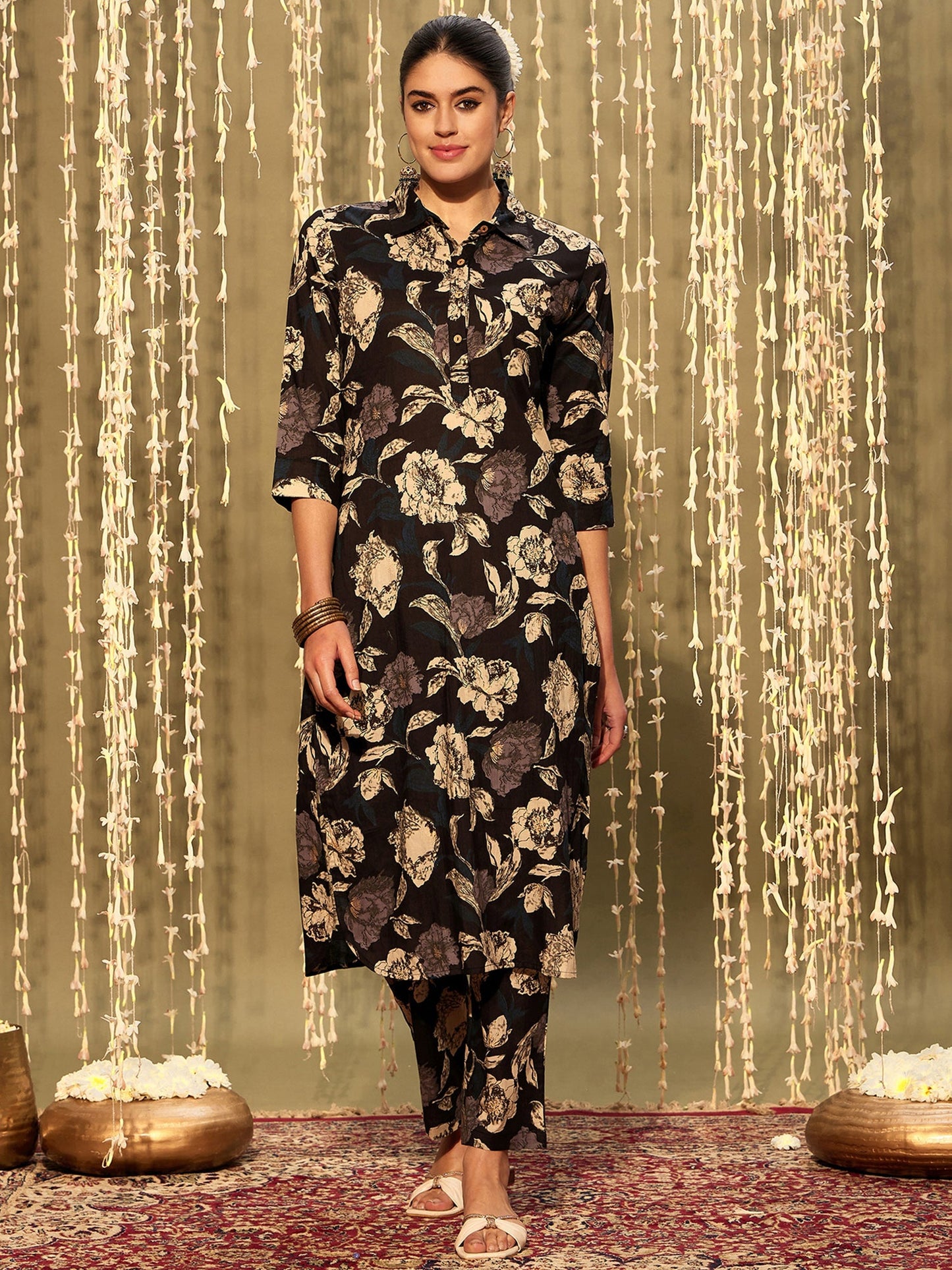 Indo Era Black Printed Straight Kurta Trousers set