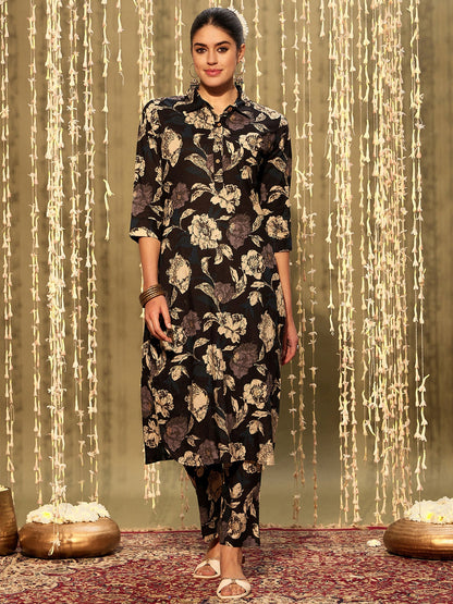 Indo Era Black Printed Straight Kurta Trousers set