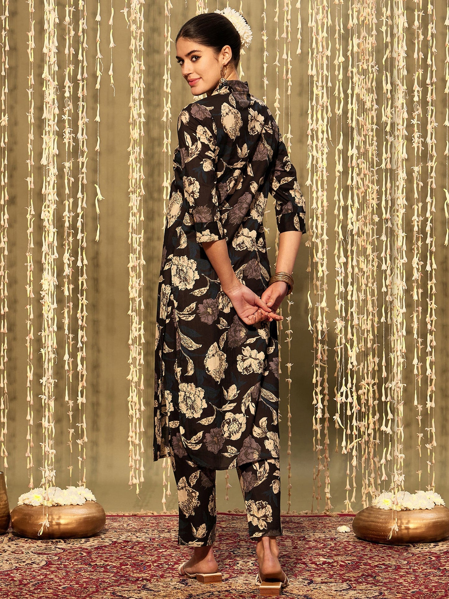 Indo Era Black Printed Straight Kurta Trousers set