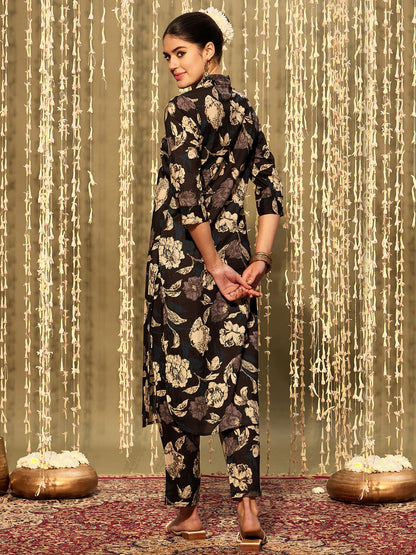 Indo Era Black Printed Straight Kurta Trousers set