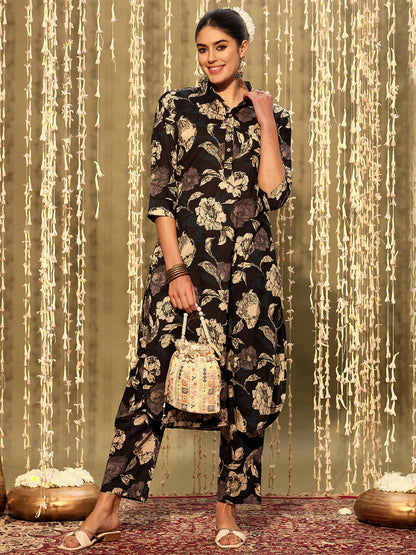 Indo Era Black Printed Straight Kurta Trousers set