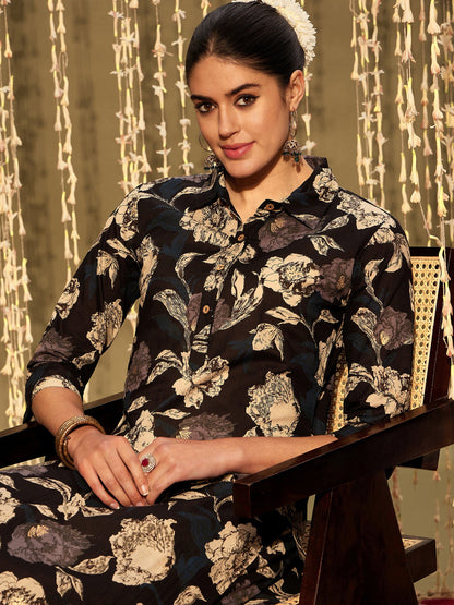 Indo Era Black Printed Straight Kurta Trousers set