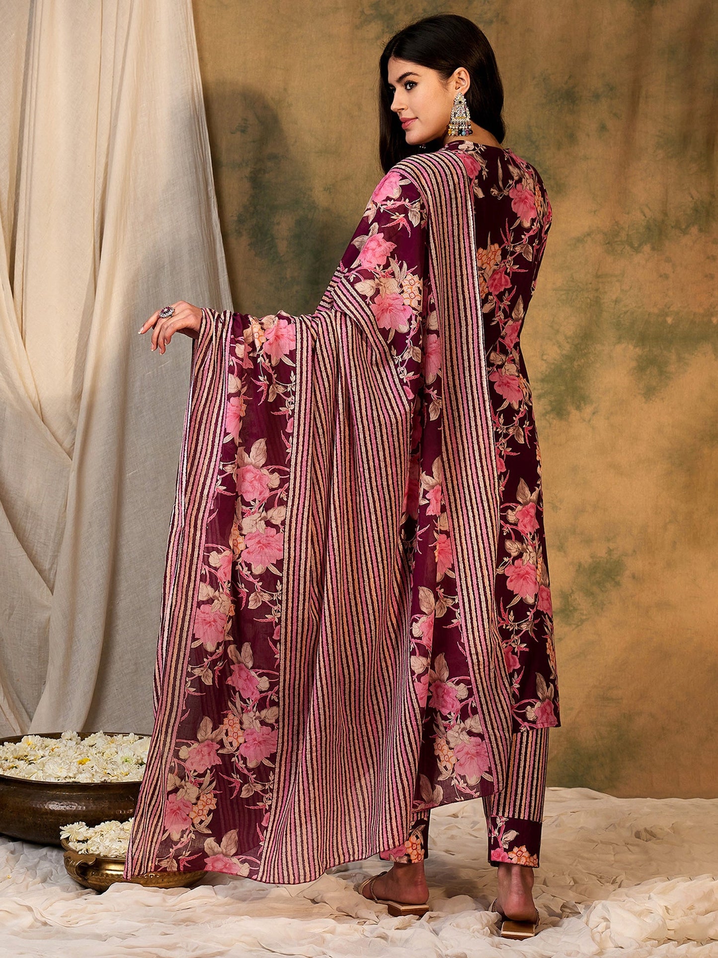 Indo Era Burgundy Printed Straight Kurta Trousers With Dupatta Set