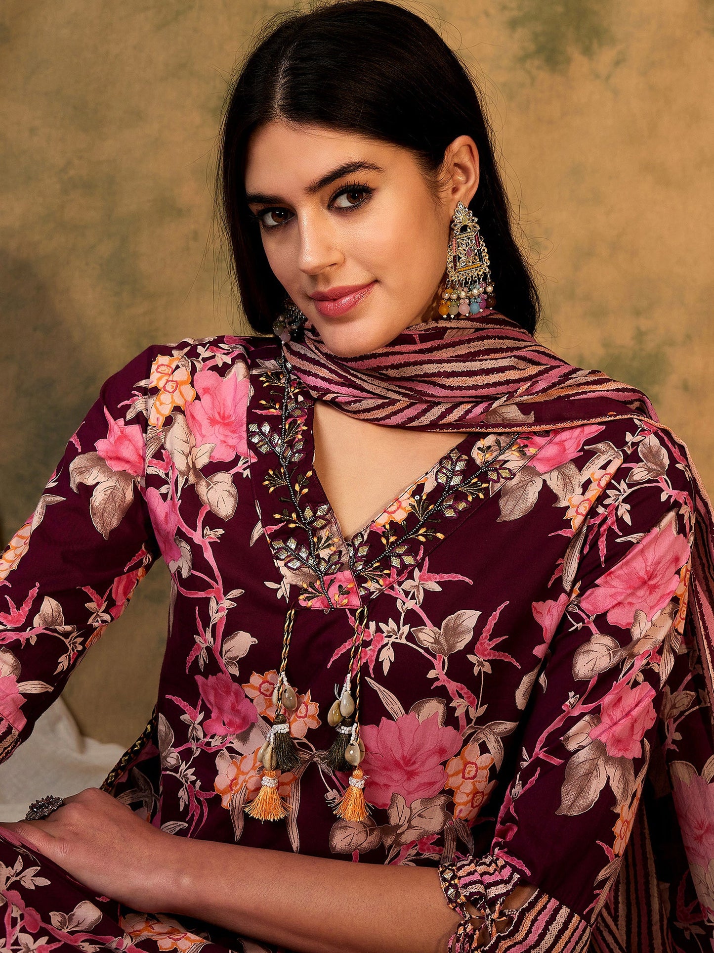 Indo Era Burgundy Printed Straight Kurta Trousers With Dupatta Set
