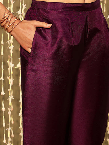 Indo Era Burgundy Embroidered Straight Kurta Trousers With Dupatta Set