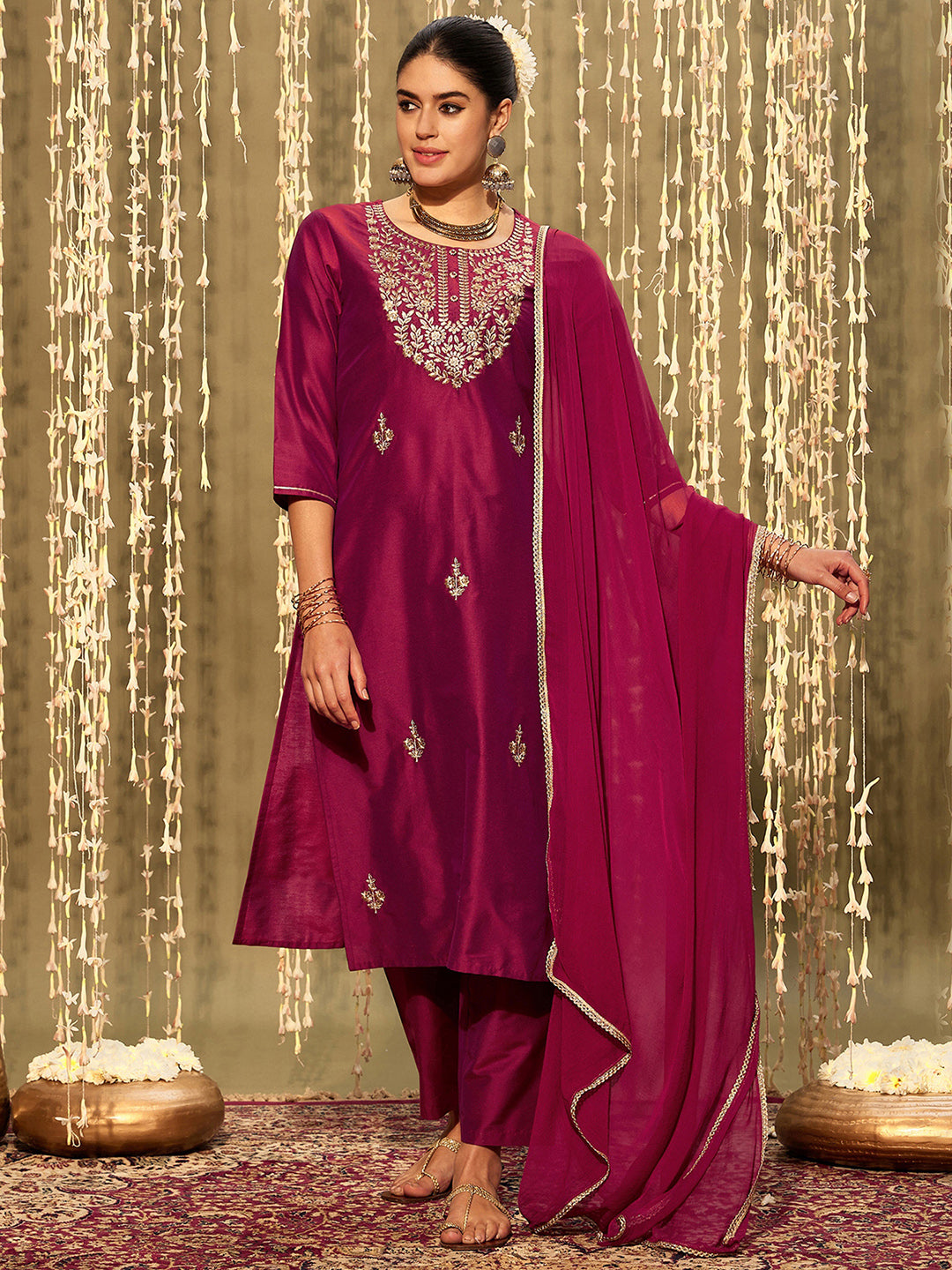 Indo Era Magenta Embroidered Straight Kurta Trousers With Dupatta set