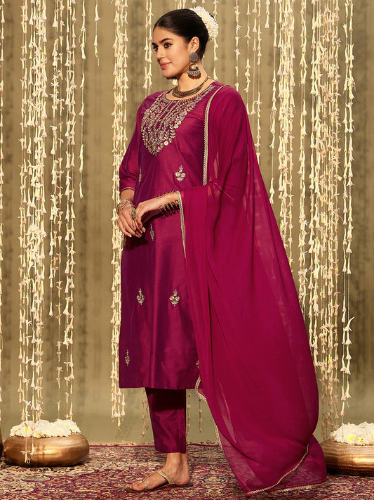 Indo Era Magenta Embroidered Straight Kurta Trousers With Dupatta set