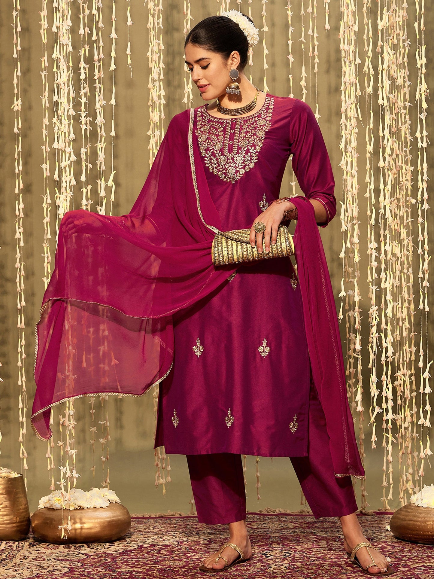 Indo Era Magenta Embroidered Straight Kurta Trousers With Dupatta set