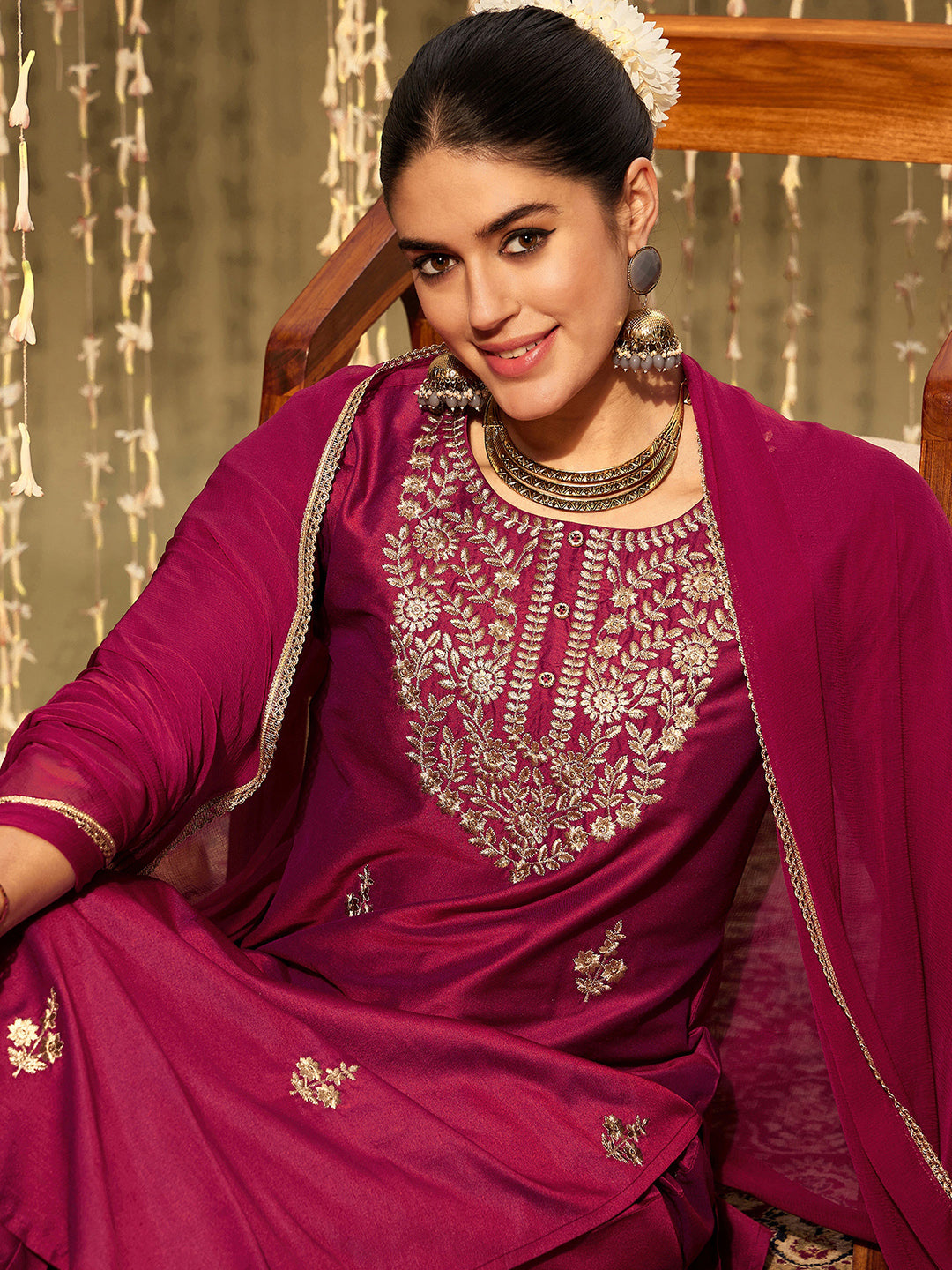 Indo Era Magenta Embroidered Straight Kurta Trousers With Dupatta set