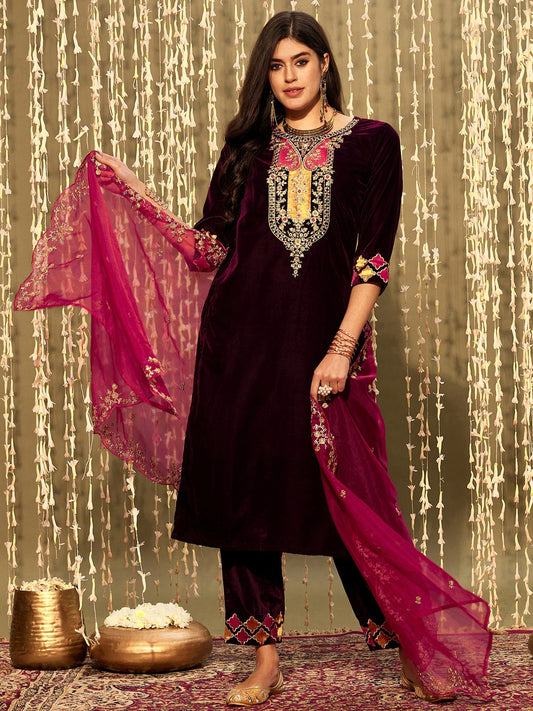 Burgundy Embroidered Straight Kurta Trousers With Dupatta set