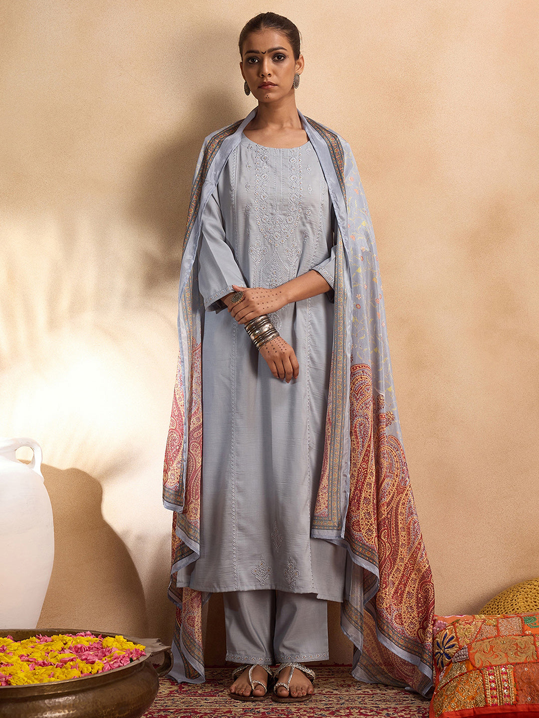 Grey Embroidered Straight Kurta Trousers With Dupatta set