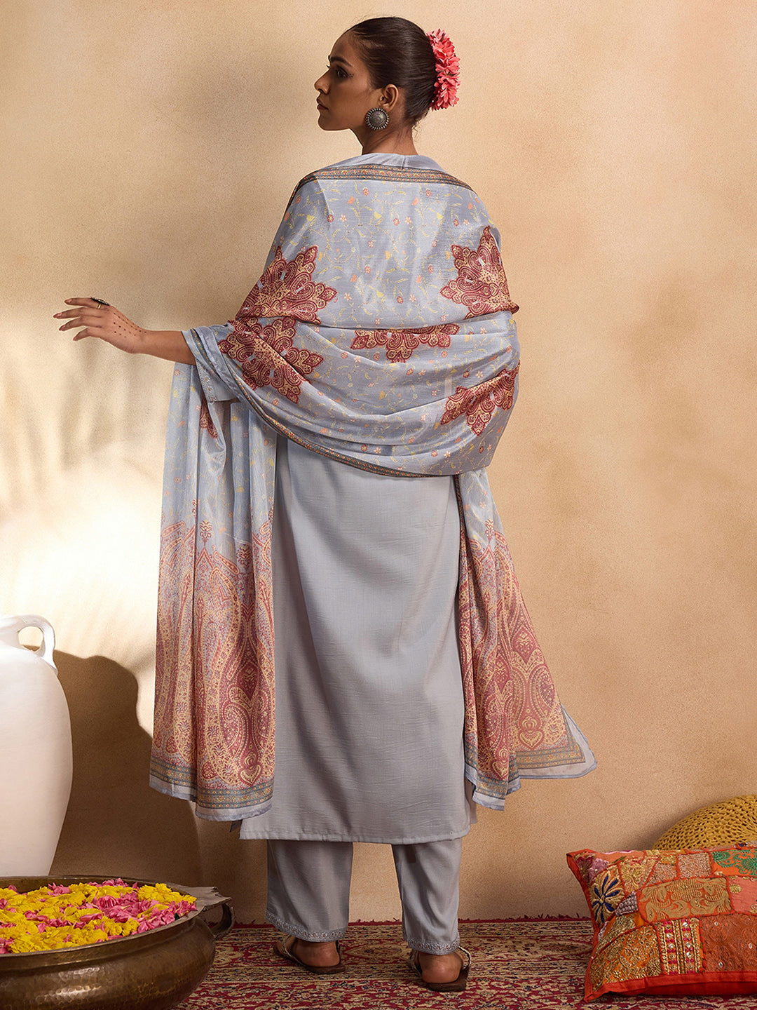 Grey Embroidered Straight Kurta Trousers With Dupatta set