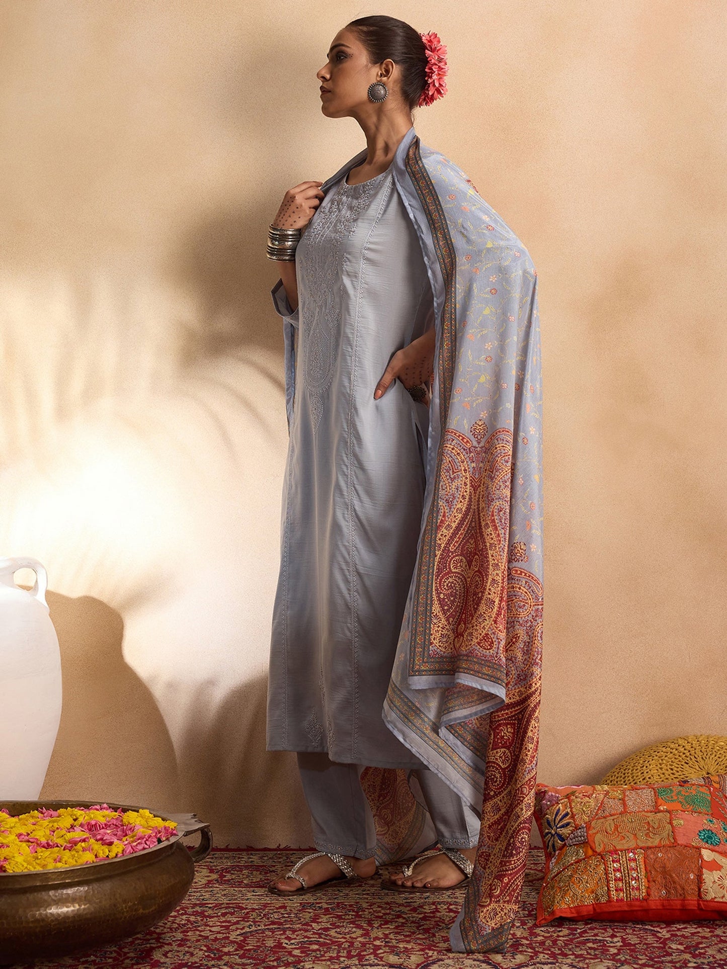 Grey Embroidered Straight Kurta Trousers With Dupatta set