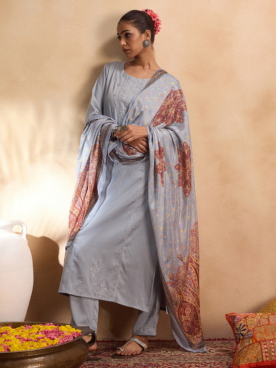 Grey Embroidered Straight Kurta Trousers With Dupatta set