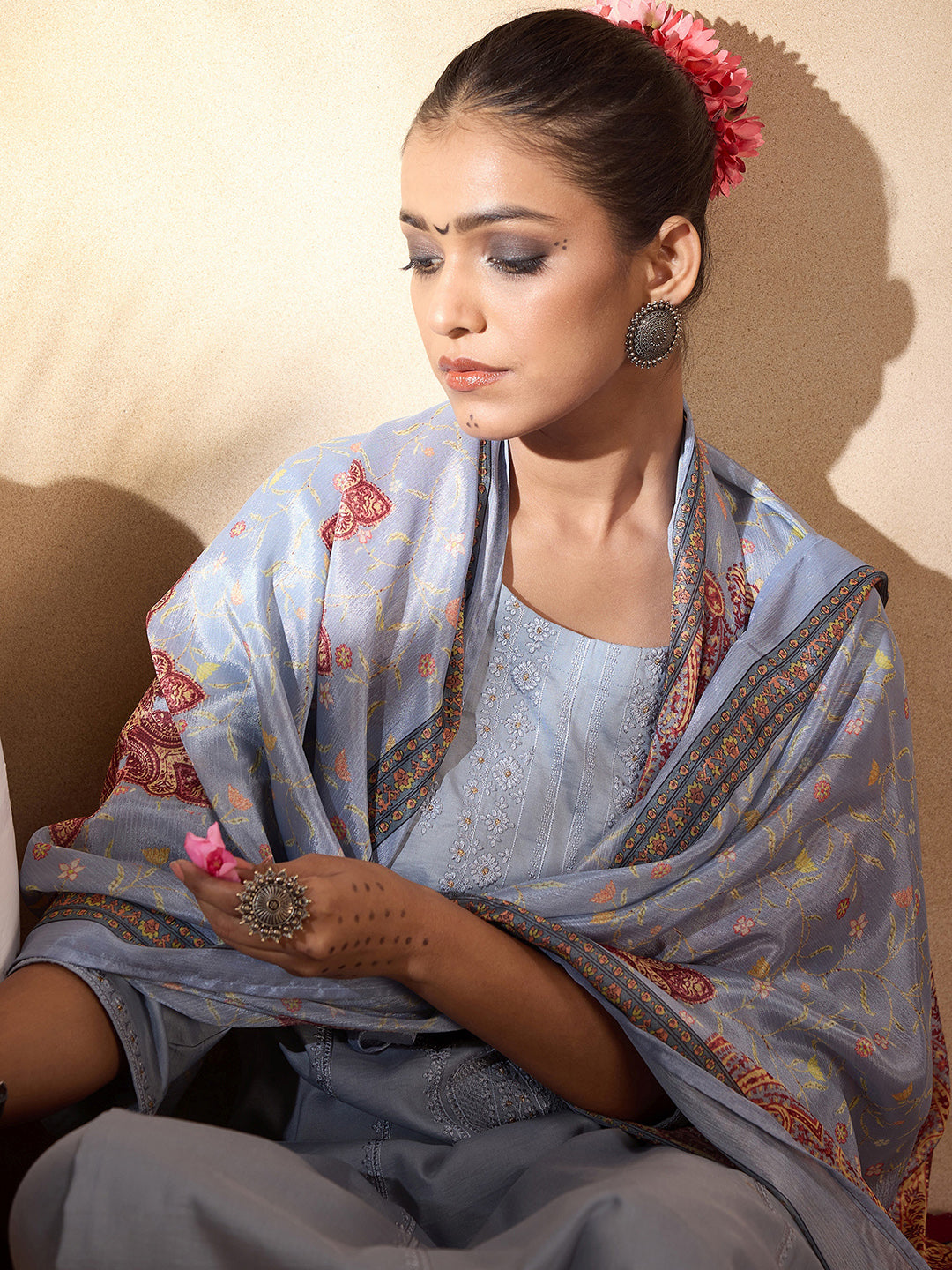 Grey Embroidered Straight Kurta Trousers With Dupatta set