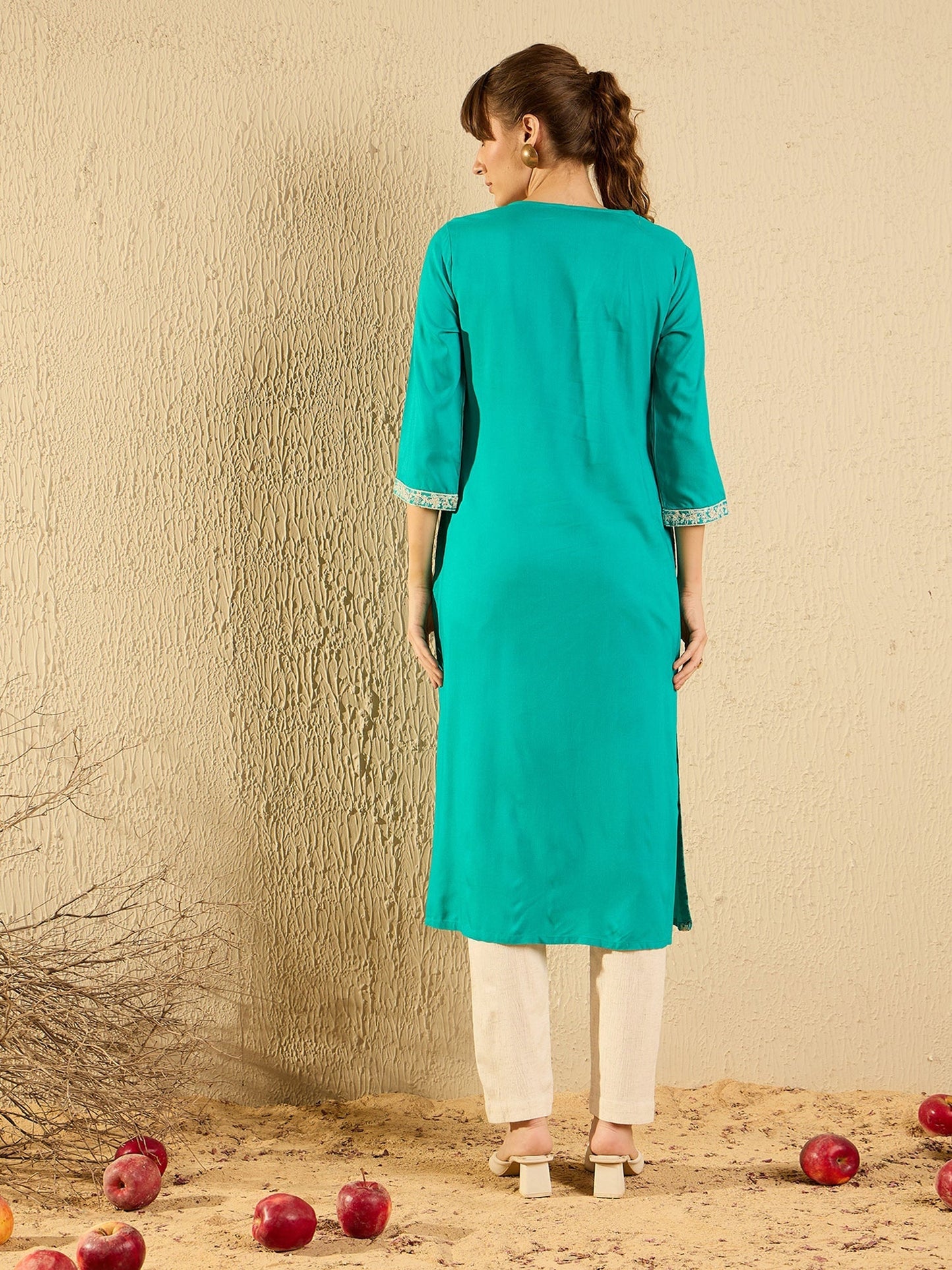 Indo Era Blue Embroidered Straight Kurtas