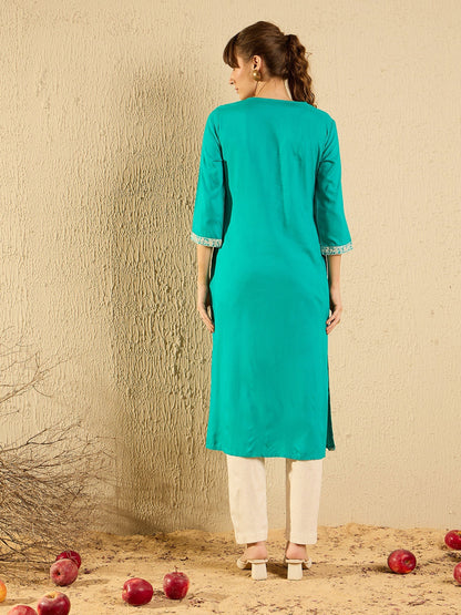Indo Era Blue Embroidered Straight Kurtas