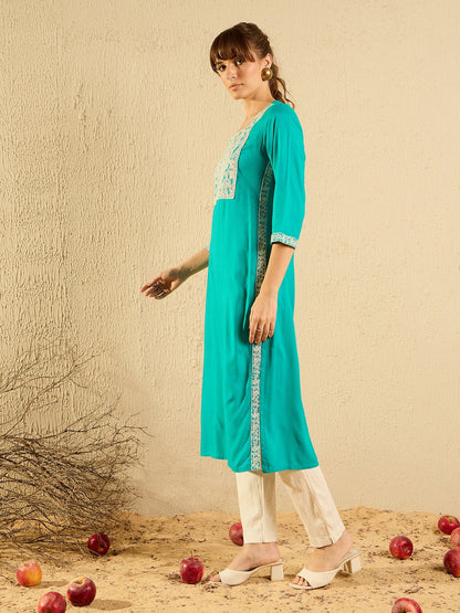 Indo Era Blue Embroidered Straight Kurtas