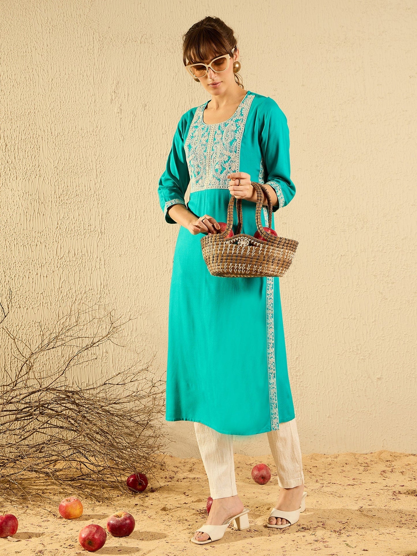 Indo Era Blue Embroidered Straight Kurtas