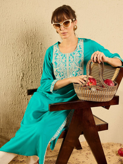 Indo Era Blue Embroidered Straight Kurtas