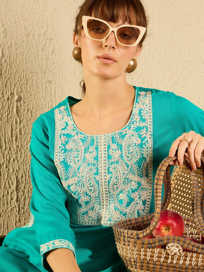 Indo Era Blue Embroidered Straight Kurtas