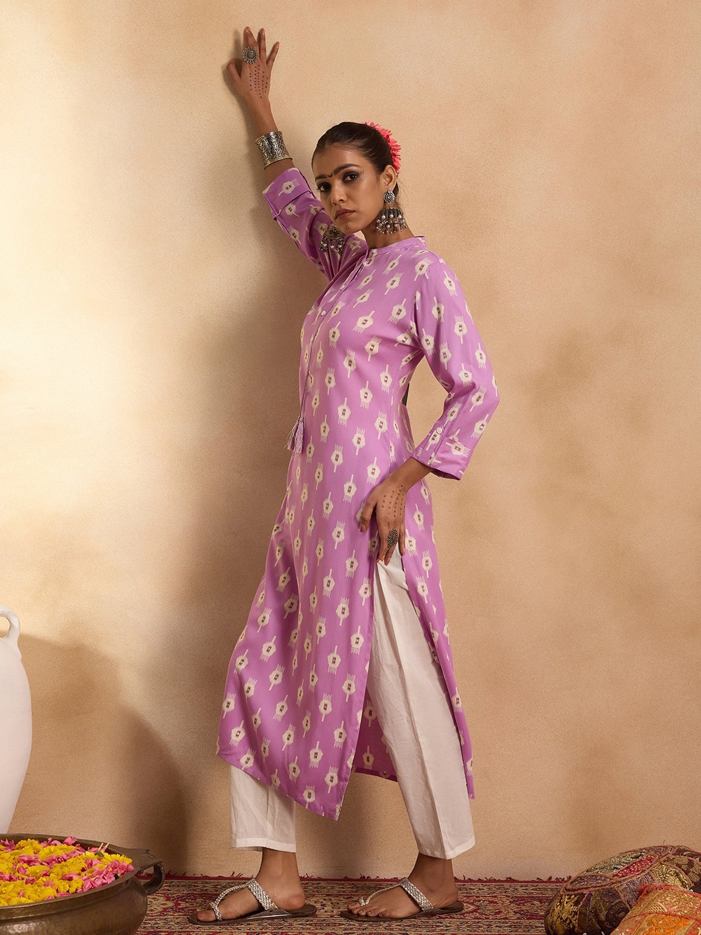 Indo Era Lavender Printed Straight Kurtas