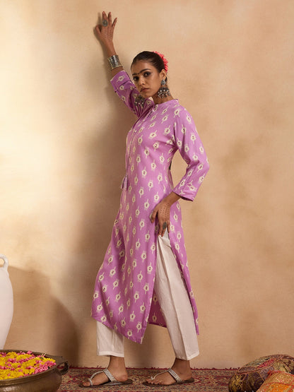 Indo Era Lavender Printed Straight Kurtas
