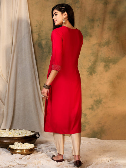 Indo Era Magenta Embroidered Straight Kurtas