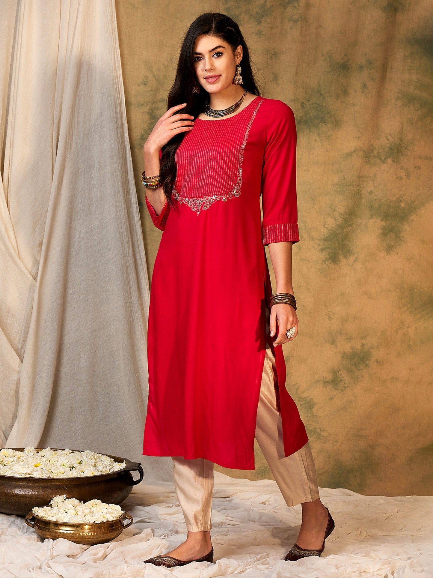 Indo Era Magenta Embroidered Straight Kurtas
