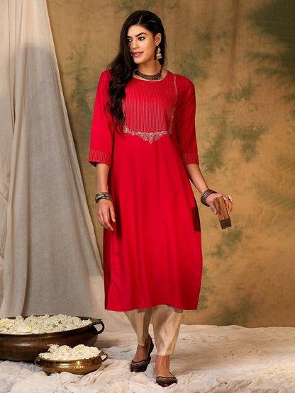 Indo Era Magenta Embroidered Straight Kurtas