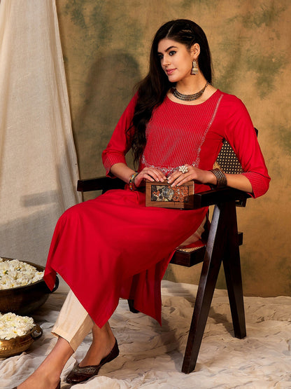Indo Era Magenta Embroidered Straight Kurtas