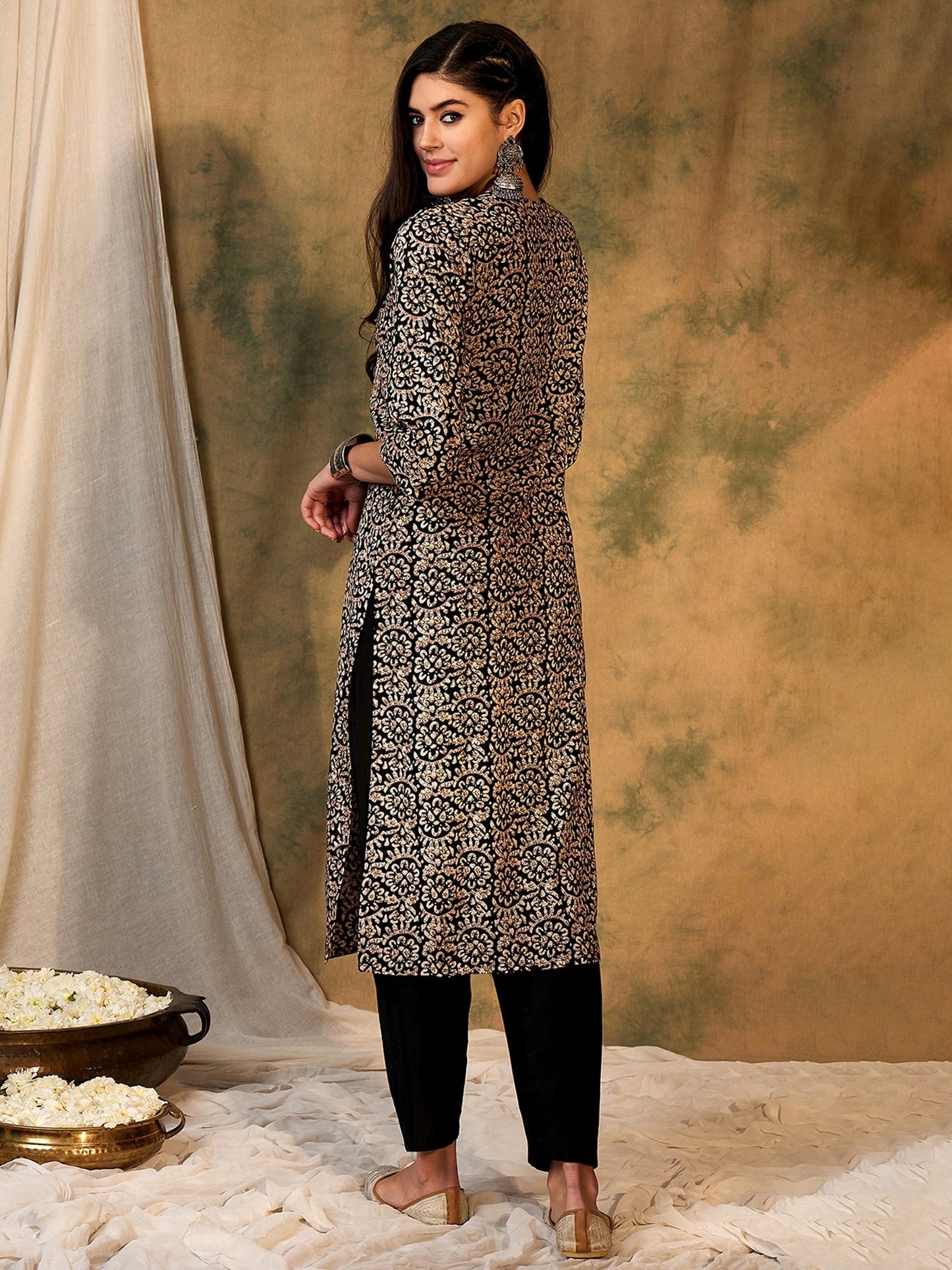 Indo Era Black Printed Straight Kurtas