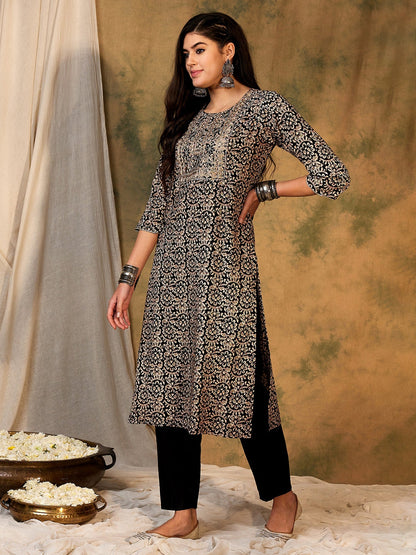 Indo Era Black Printed Straight Kurtas