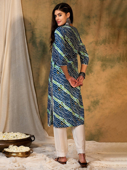 Indo Era Blue Printed Straight Kurtas