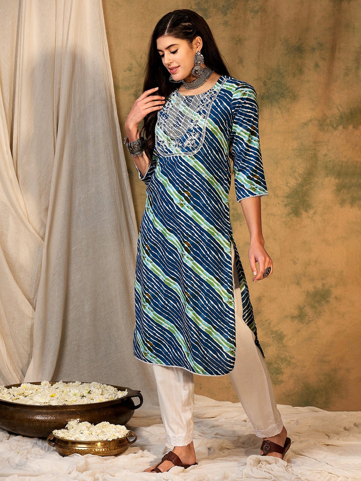 Indo Era Blue Printed Straight Kurtas
