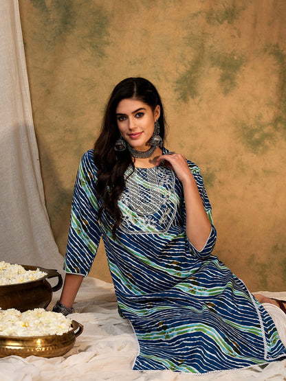 Indo Era Blue Printed Straight Kurtas