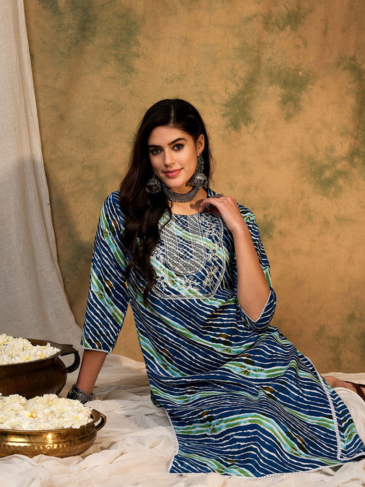 Indo Era Blue Printed Straight Kurtas