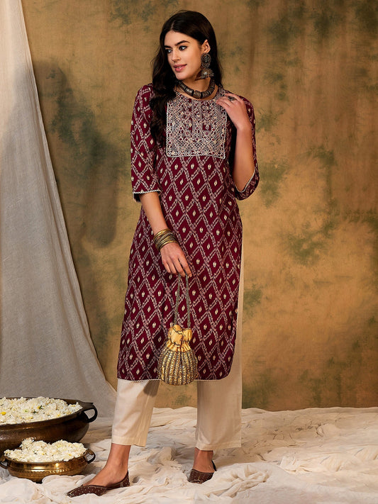 Maroon Printed Straight Kurtas
